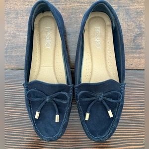 Navy suede loafers with bow